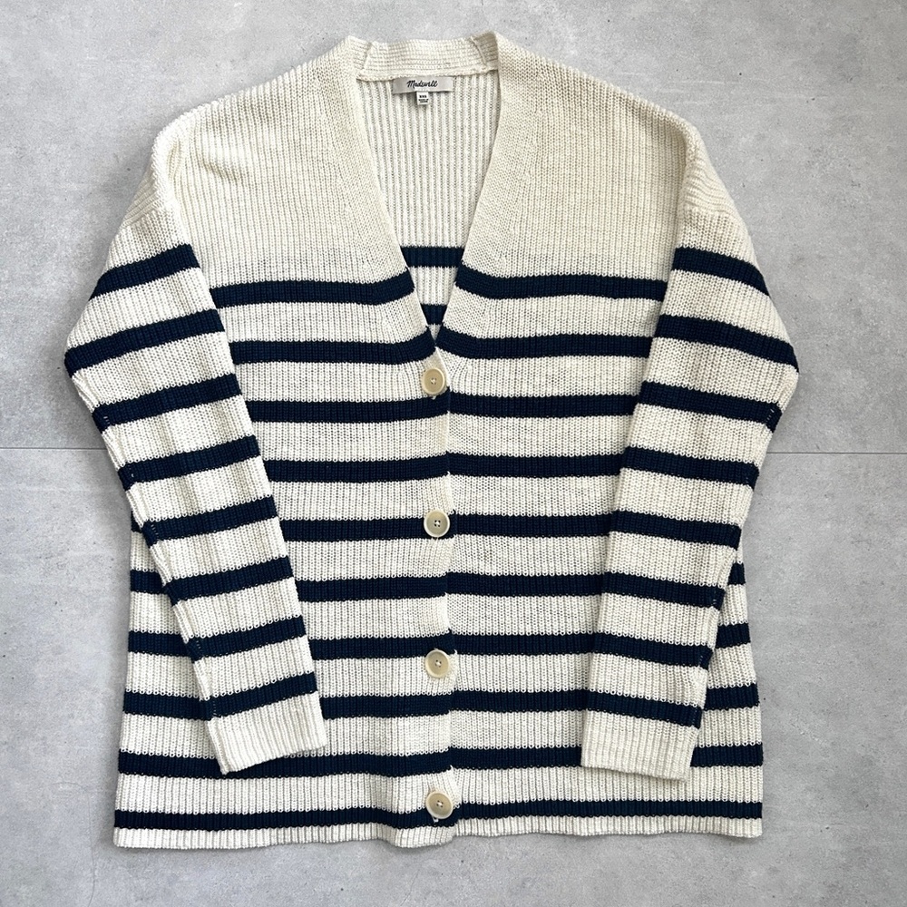Madewell Striped V-Neck Button Front Cotton Cardigan | Small | Navy & Cream - Picture 5 of 14